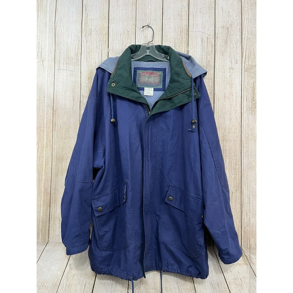 Vtg 90s Barn Coat Men L Blue Cotton Leather Accents Trim Gorpcore Grunge Retro